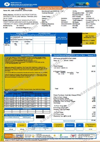 India Tata Power Company Limited utility bill template in Word and PDF formats